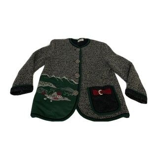 Vintage Hagro Women Size Large Wool Sweater Jacket Farm Scene Green Wool Lined